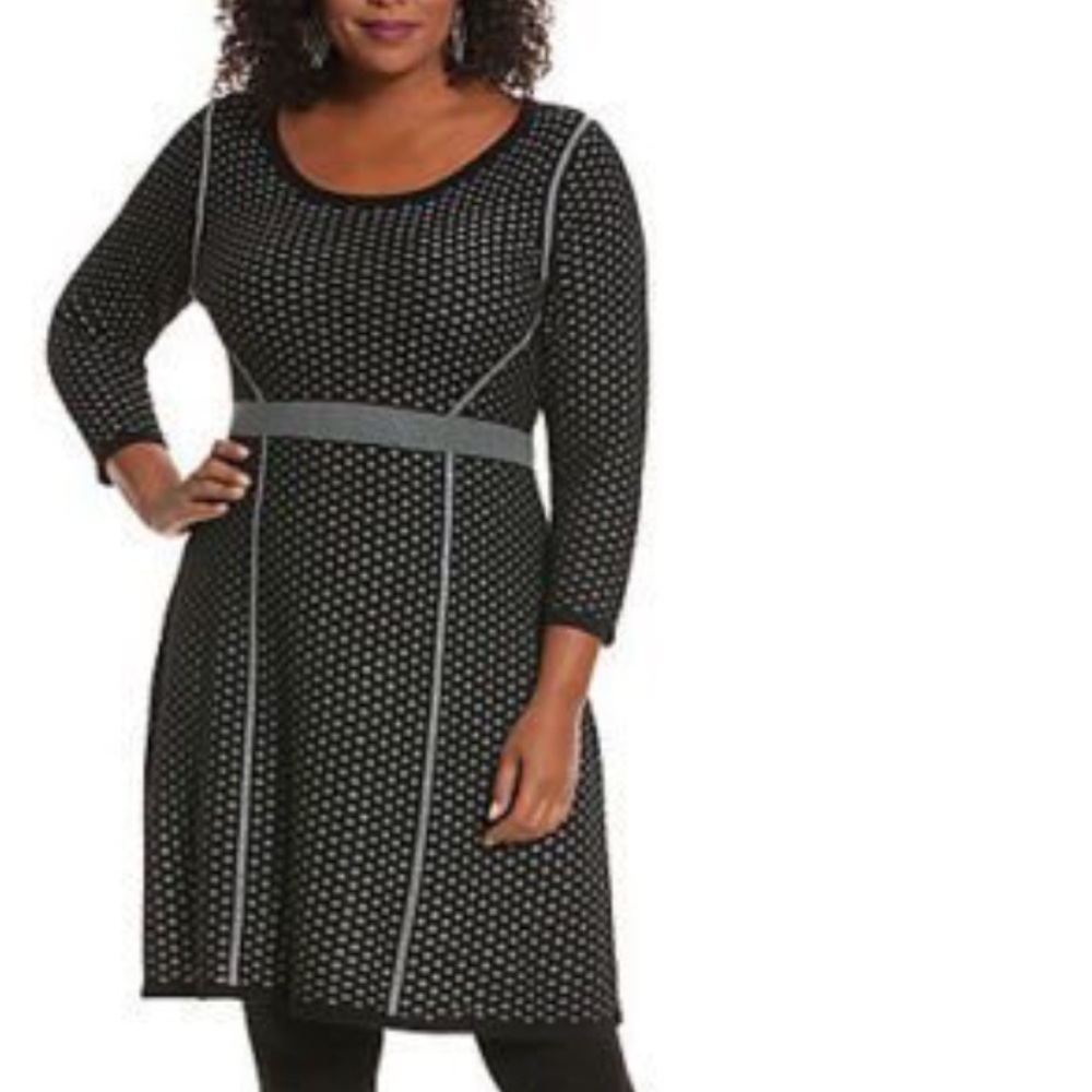 Lane Bryant Women 14/16 Black Silver Metallic Polka Dot 3/4 Sleeve Sweater Dress